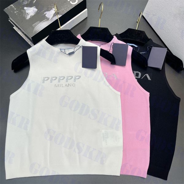 T-shirt da donna con colletto alla coreana, canotta con lettera e diamanti, per donna, gilet lavorato a maglia di alta qualità, tre colori