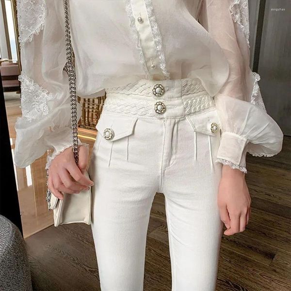 Kadın Kot Moda Sonbahar Kış Beyaz Kadınlar Yüksek Bel İnce Denim Pantolon Bayanlar Düz Kalem Uzun Pantolon 2023 Kadın Dip