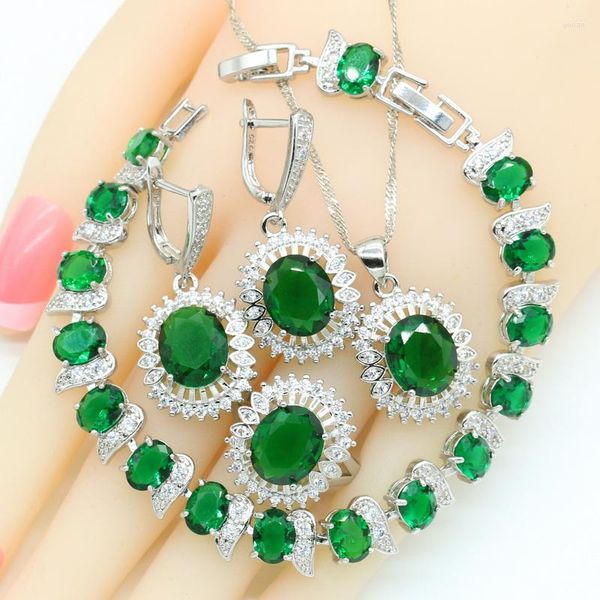 Brincos de colar Set Stones Green Dubai Silver Color Bridal for Women Pinglelet Rings Caixa de presente