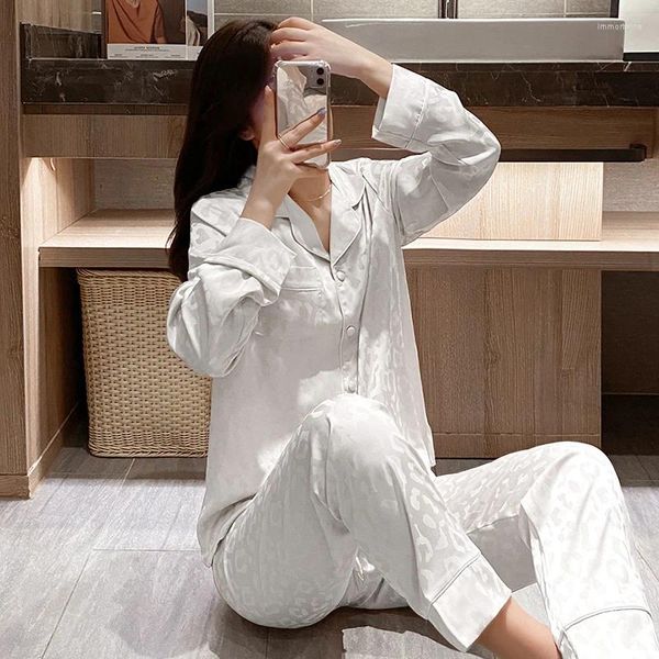 Mulheres sleepwear branco mulheres soltas seda luxo pijama conjunto primavera pijama terno feminino sono duas peças loungewear