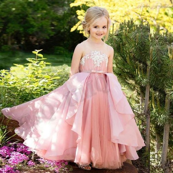 Девушка платья персич -розовый принцесса цветочный платье Scoop Baby Kids Wedding Costumes Первый коммуника Vestidoformal костюма