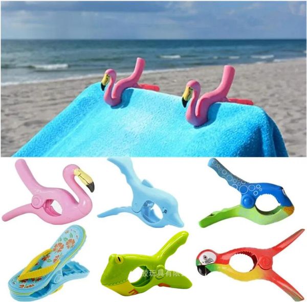 Grandes estacas de roupas gancho animal papagaio golfinho flamingo em forma de toalha de praia braçadeira para evitar vento plástico prendedor de roupa bonito secagem cli4253199