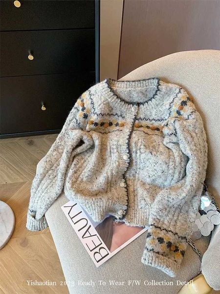Kadın Sweaters Fransızca Zarif Örme HARDIGAN Çiçek Baskı Kadınlar Harajuku Büyük Boy Kazak bohem o-boyun uzun kollu Kore Sokak Giyim Y2K ZLN231127