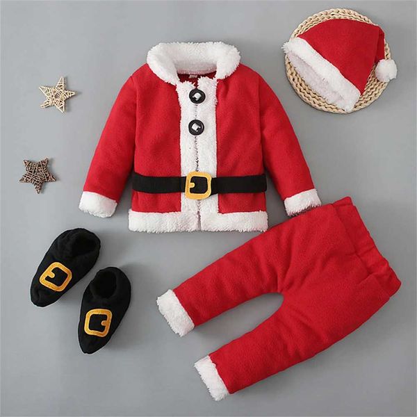 Kleidungssets Baby-Weihnachtsoutfits Kleinkind-Jungen-Mädchen-Weihnachtsmann-Kostüm Langarm-Oberteil, Hose, Mütze und Sockenanzug Weihnachtskleidung für Neugeborene