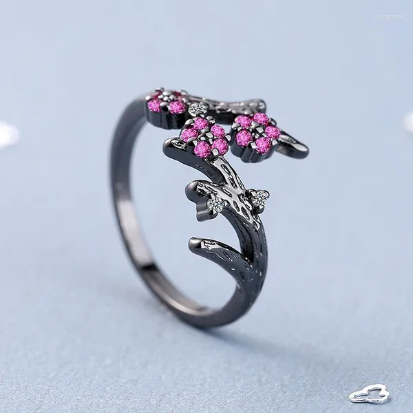 Eheringe Vintage Pflaumenblüte offener rosa Zirkonia schwarzer Zweig geometrischer lyrischer Ring Schmuck Party Zubehör Geschenk für Frauen