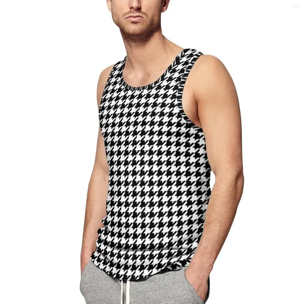 Regatas masculinas preto e branco houndstooth topo masculino padrão clássico diário gráfico treino legal camisas sem mangas oversized