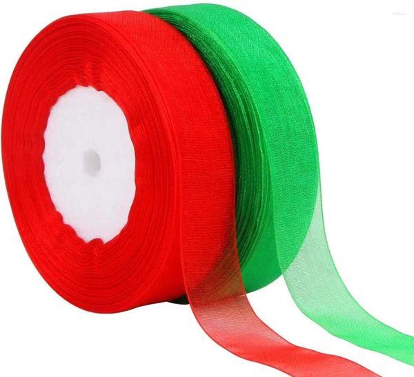 Partydekoration, 2 Rollen, 91,4 m, Weihnachtsbänder, Organza, Feiertag, Festival, 10,2 cm breit, zum Verpacken von Geschenken, Rot, Grün