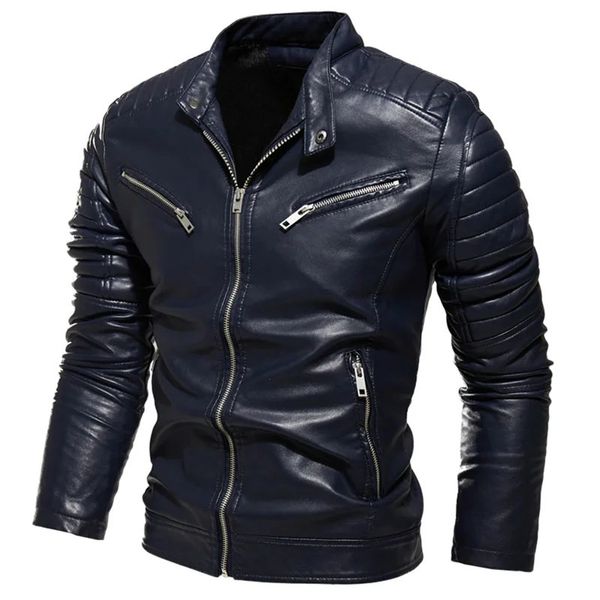 Giacche da uomo Inverno Nero PU Giacca in pelle da uomo in pile caldo moto Slim Street Fashion Cappotto da motociclista nero pieghettato Design con cerniera 231127