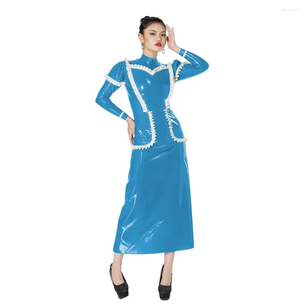 Vestidos de trabalho moda brilhante pvc vestido de couro define elegante com babados falso látex manga inchada superior cintura alta tornozelo comprimento saia lápis