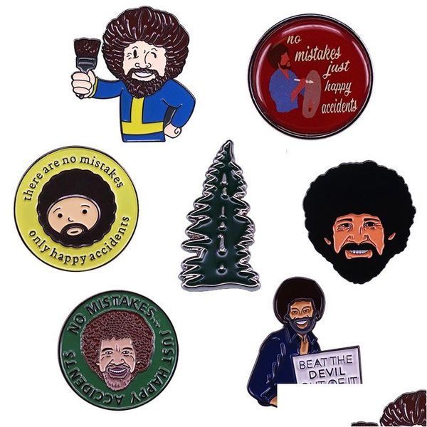 Acessórios dos desenhos animados Bob Ross Pin Otimista Artista Pintor Broche Sem Erro Leve Apenas Acidentes Felizes Emblema Esmalte Jóias Drop Deliv Dhytb