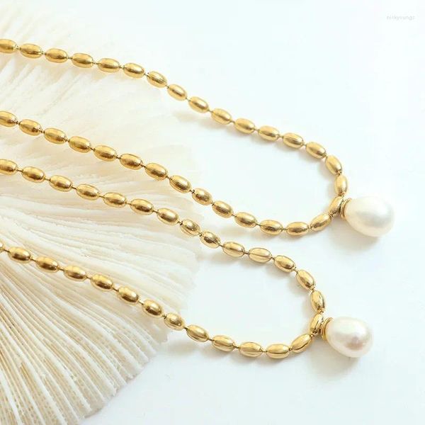 Catene INS Collana con pendente di perle d'acqua dolce a catena ovale in acciaio al titanio placcato oro moda
