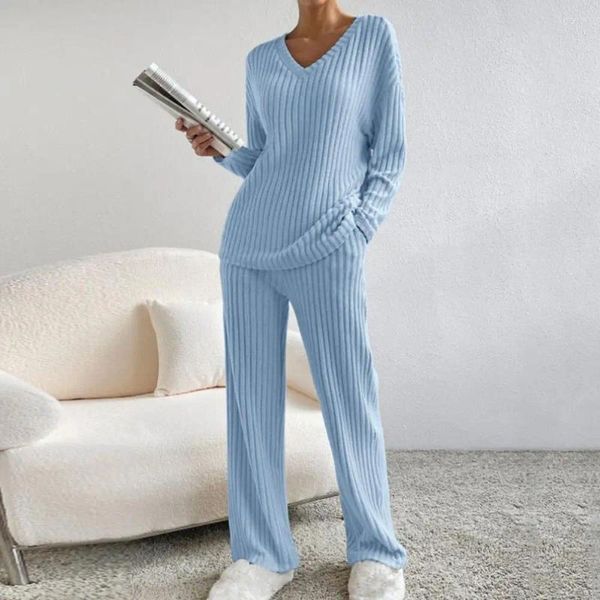 Zweiteilige Damen-Pyjama-Hose, Herbst-Pyjama-Set, gemütlicher Strickpullover, stilvoller V-Ausschnitt, lockere Passform, elastische Taille, Taschen, Homewear für Herbst/Winter, gerippt