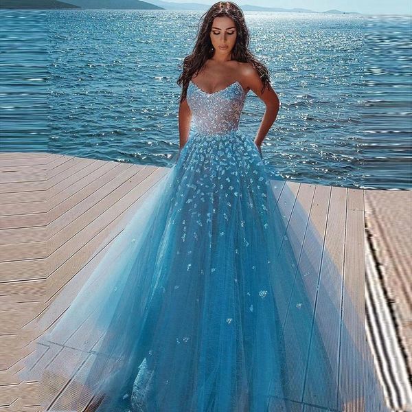 Partykleider Zartes blaues Ballkleid für Damen 2023, trägerlos, ärmellos, bodenlang, mit Pailletten besetzte Abendkleider