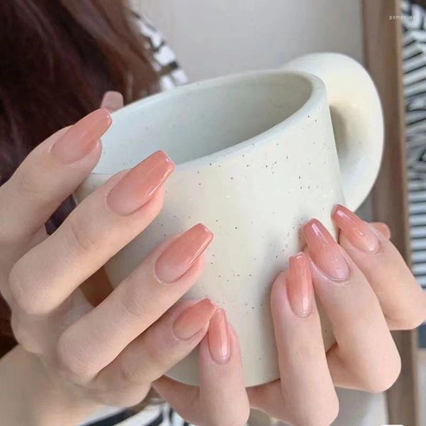 Unghie finte 24 pezzi sfumatura rosa dolce stile coreano lunga bara balletto stampa su indossabili copertura completa blush toppe per unghie finte