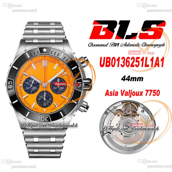 BLS Chronomat B01 ETA Valjoux A7750 Automatik-Chronograph Herrenuhr 44 Keramik schwarze Lünette gelbes Zifferblatt Edelstahl Rouleaux-Armband Super Edition Puretime 16