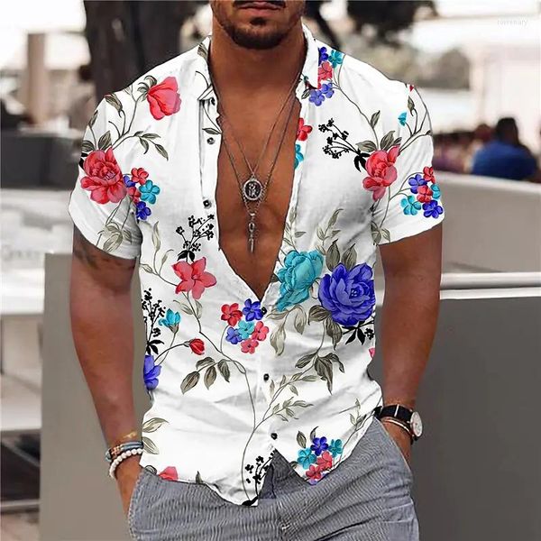 Мужские рубашки T 2023 цветочные для мужчин 3D Принт мужская гавайская цветочная рубашка пляж с коротким рукавом с коротким рукавом 5xl Tops Tee Man Blouse Camisa