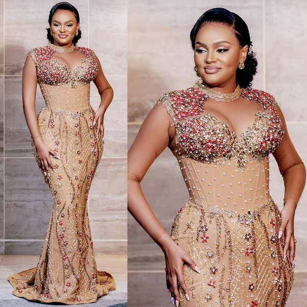 2023 Aso Ebi Árabe Ouro Sereia Vestido de Baile Lace Frisado Sheer Neck Noite Festa Formal Segunda Recepção Aniversário Vestidos de Noivado Vestidos Robe De Soiree ST380