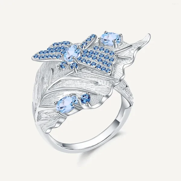 Anéis de cluster Gem's Ballet 925 Sterling Silver Handmade Dragonfly Leaf Ring 0.78ct Natural Swiss Blue Topázio Jóias para Mulheres Bijoux