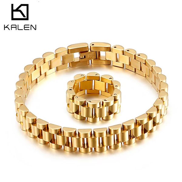 Corrente Kalen 10mm Golden High Acabamento Men Men Vintage Relógio Strap Solça de aço inoxidável Bracelet Ring Set Party Holiday Jewelry Gifts 231124