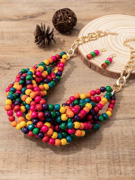 Collana orecchini set bohémien esotico retrò catena maglione in legno accessori abbigliamento perline colorate