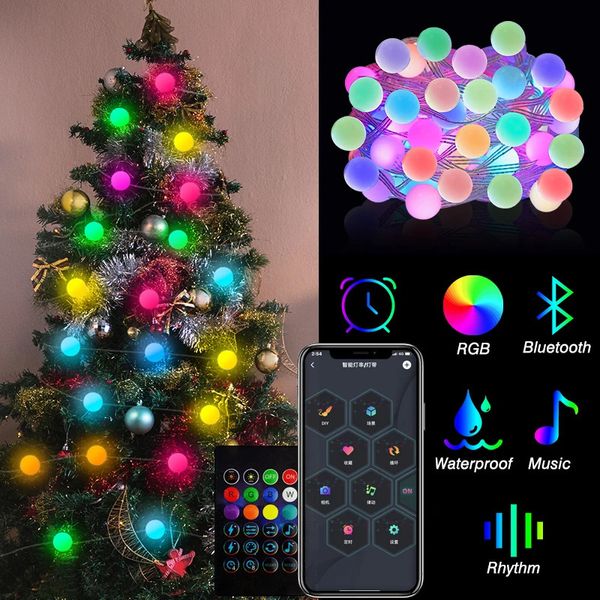 Decorações de Natal RGB IC Árvore de Natal Fairy String Light LED Ball Garland Bluetooth Multi-Color À Prova D 'Água Ao Ar Livre Lâmpada Xmas Decoração de Festa de Casamento 231127