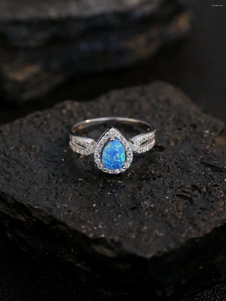 Cluster-Ringe Damenring aus reinem 925er-Silber mit Wassertropfen, blauem Opal und glänzendem Zirkon, spezielles Formdesign, exquisiter Stil