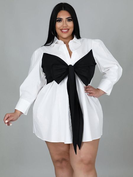 Vestidos zjfzml zz plus size vestidos mulheres 2022 atacado preto gravata borboleta branca dianteira manga longa camisa de lapéu de gola curta