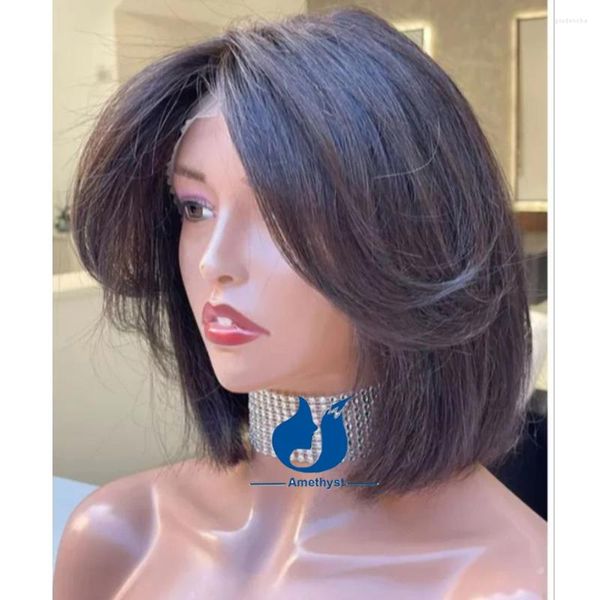 Amethyst Layered Straight 13x6 Lace Front Bob Perücken Echthaar für Frauen natürliche schwarze kurze brasilianische Remy Mittelteil