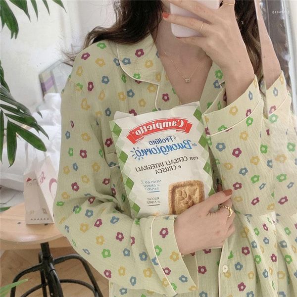 Damen Nachtwäsche Damen Pyjamas Langarm Hosen Set Blumendruck Koreanischer Stil Süßer V-Ausschnitt Baumwolle Home Service Anzug Lose Größe