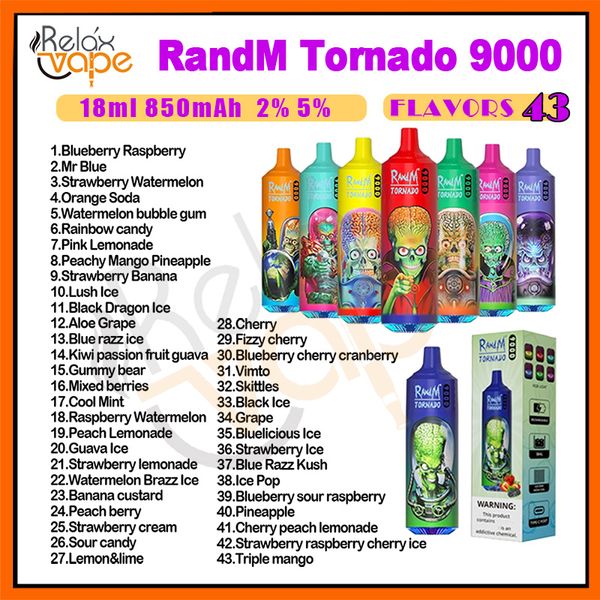 Autentico RandM Tornado 9000 Puff monouso Vape E Sigarette 0.8ohm Mesh Coil 18ml Pod Batteria ricaricabile Cigs elettronici Puffs 9K 2% 5% Dispositivo a cartuccia