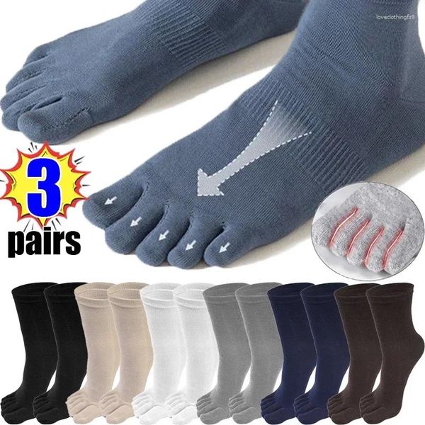 Meias masculinas 3 pares toe longo homens esportes correndo sólido casual algodão separado cinco dedos meia tubo médio meia antiderrapante tripulação sox