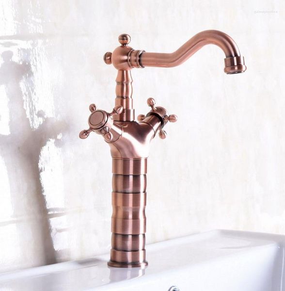 Küchenarmaturen Vintage Rot Kupfer Antik Messing Dual Cross Griffe Schwenkauslauf Badezimmer Waschbecken Wasserhahn Kalt Mischbatterie Anf128