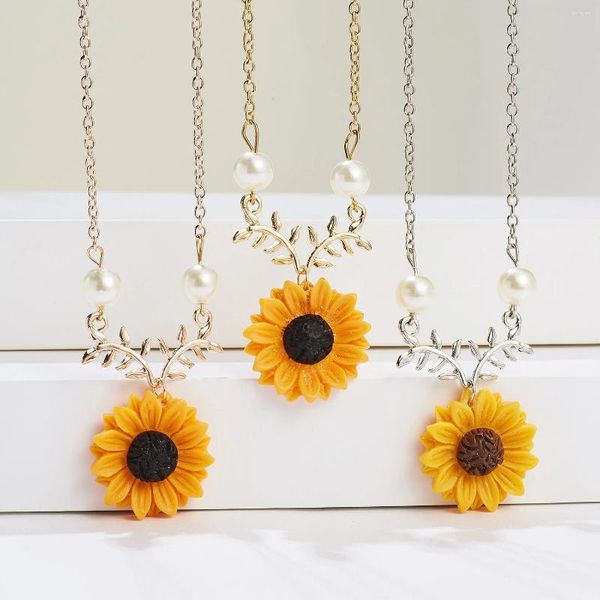Anhänger Halsketten Mode Sonnenblumen Halskette für Frauen Nette Blume Doppel Perle Charme Cocktail Schmuck Zubehör