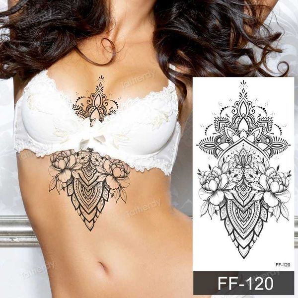 Tatuagens coloridas desenho adesivos renda preta tatuagem temporária adesivos mulheres flor de lótus falsa tatuagem de henna arte corporal underboob peito sexy tatoo para mulher meninas l231