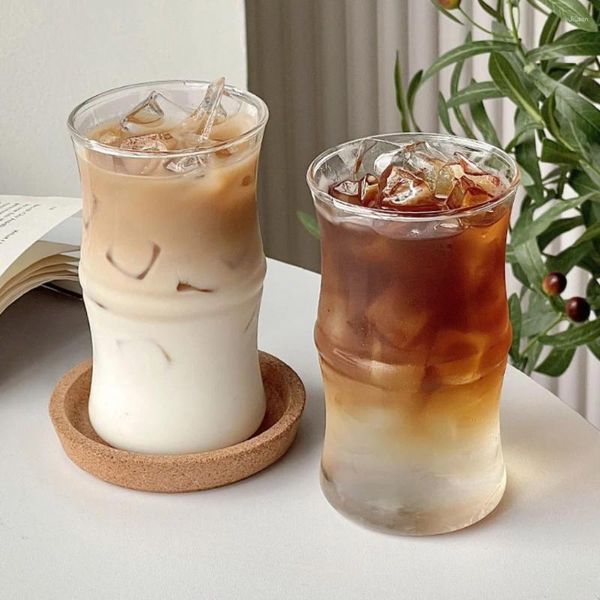 Bicchieri da vino in stile tazza da caffè in vetro ad alta temperatura con nodo di bambù, simpatica bevanda fredda al latte, latte, bicchieri trasparenti per microonde