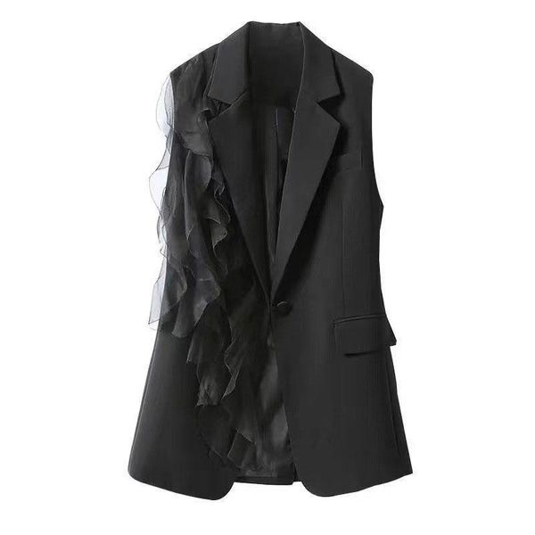 Parkas Black Suit colete feminino verão 2023 Novo costura coreana costura de chiffon blazers sem mangas Coloque a jaqueta feminina.