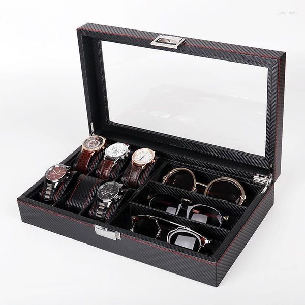 Uhrenboxen Cases 6 Slots Luxury Fashion Men Home Schwarze Farbe Carbon Fiber Box Hochwertige Aufbewahrung für Uhren 0905-11 Deli22