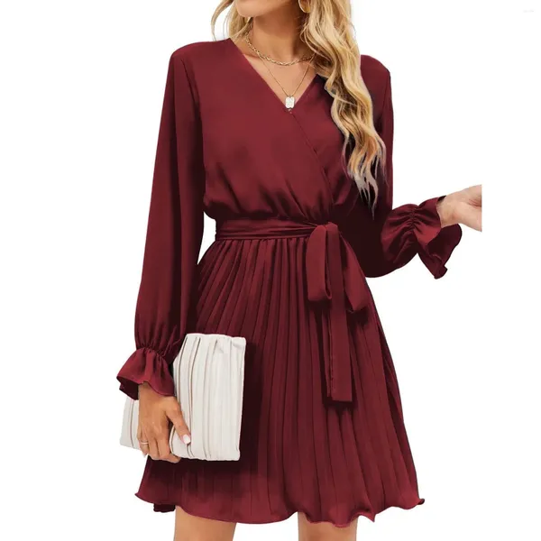 Vestidos casuais elegante feminino sólido decote em v manga longa primavera / verão escritório senhora plissada mini princesa vestido de noite S-XXL