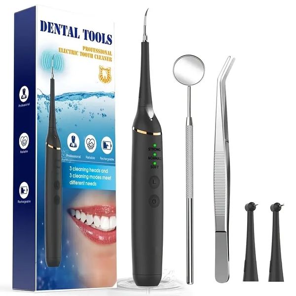 USB-набор для чистки зубов со светодиодной подсветкой, очиститель для зубов с 3 сменными головками, стоматологический пинцет, зеркало для полости рта, 3 режима чистки зубов, водонепроницаемый электрический IPX6