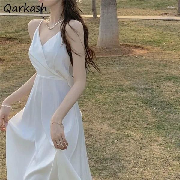 Vestidos casuais sem mangas midi vestido mulheres branco cintura alta espaguete cinta elegante estética sólida minimalista verão praia estilo coreano