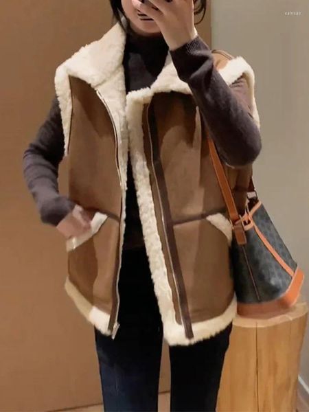 Damenwesten FTLZZ Herbst Winter Frauen Vintage Dicke Wolle Pelz Weste Weibliche Mode Warme Ärmellose Revers Faux Leder Lamm Jacke