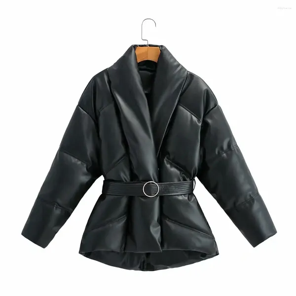 Женская пуховая куртка 2023, модная женская зимняя винтажная черная толстая теплая парка из искусственной кожи, женская элегантная куртка на молнии с поясом из искусственной кожи, стеганая куртка, пальто