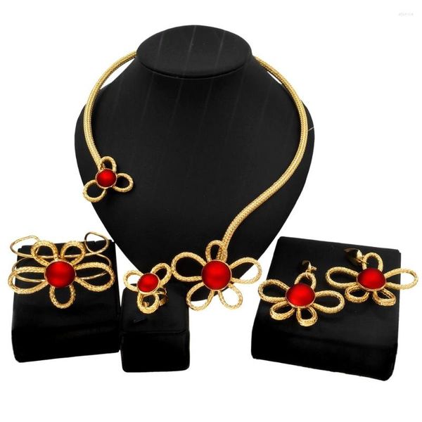 Brincos de colar conjunto para mulheres Dubai 24k anel de flor anel de flor africano Africano Jóias Acessórios para Jóias Presentes de Alta Qualidade