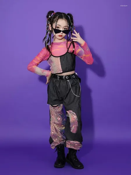 Bühnenkleidung 2023 Mädchen Jazz Dance Kleidung Rosa Pailletten Tops Hosen Kinder Hip Hop Performance Kostüm Konzert Festival BL10395