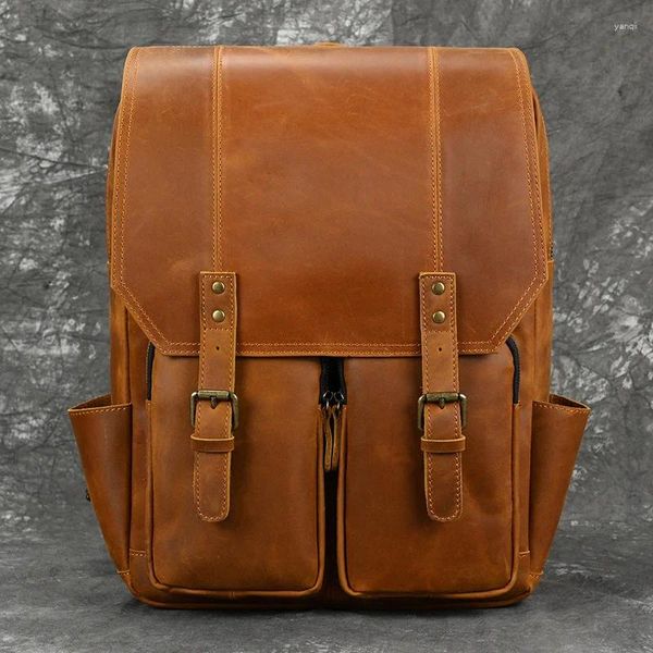 Mochila masculina designer de luxo vintage viagem handmake grão completo couro mochila balde presente para homem ombro daypack