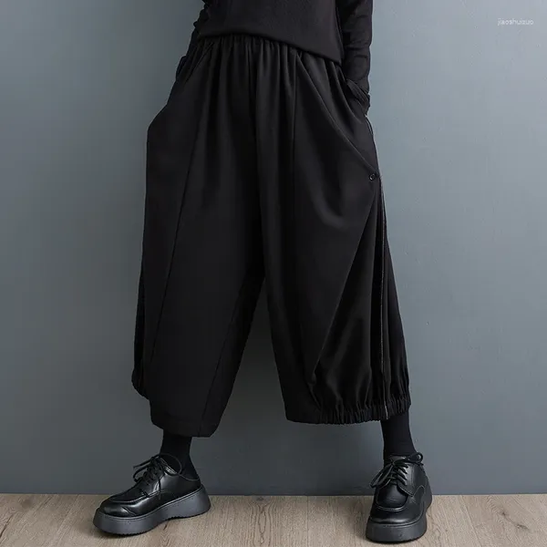Calças femininas japonesas yamamoto estilo preto escuro cintura alta chique meninas outono inverno bloomers moda mulheres primavera casual perna larga