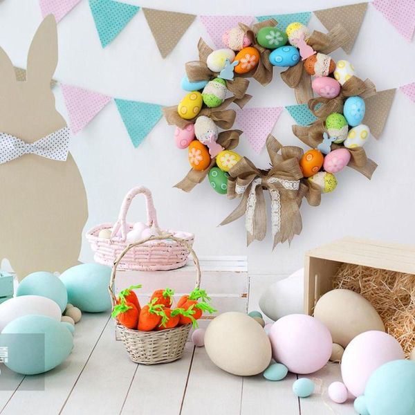 Fiori decorativi Happy Easter Egg Bow Wreath Decorazioni per festival in stile occidentale Decorazione per porta da appendere 40 cm