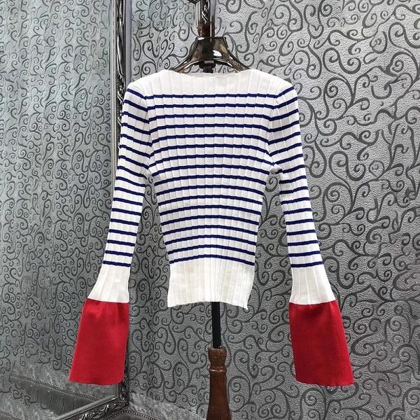 Damenpullover Koreanischer Modestil 2024 Früher Frühling Pullover Frauen Blau Gestreifte Muster Stricken Aufflackernhülse Lässige Pullover