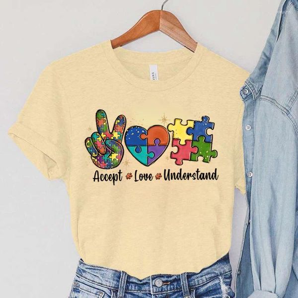 Camisetas femininas aceitam o amor e entendem, camisetas estampadas com consciência do autismo, blocos de quebra-cabeça coloridos, camisetas harajuku coreanas 2023