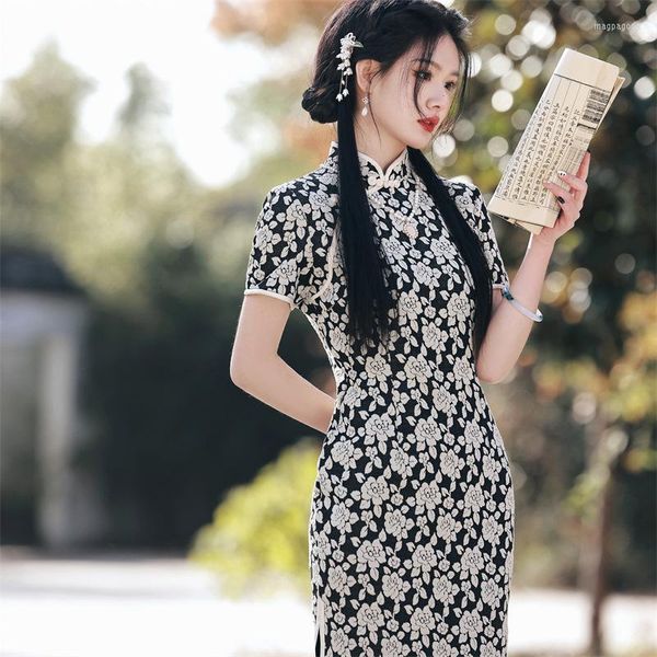 Ethnische Kleidung Retro Handgefertigte Knöpfe Stretch Baumwolle Jacquard Knielang Cheongsam Chinesisch Elegant Kurzarm Damen Qipao Daily